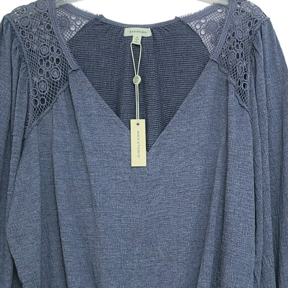 NWT Max Studio Lace Trim V Neck Front Tie Front Blouse Top - Picture 4 of 6